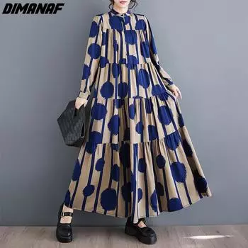 DIMANAF 2024, весеннее длинное платье больших размеров, пляжное женское платье с принтом в горошек и длинными рукавами, модное свободное винтажное платье