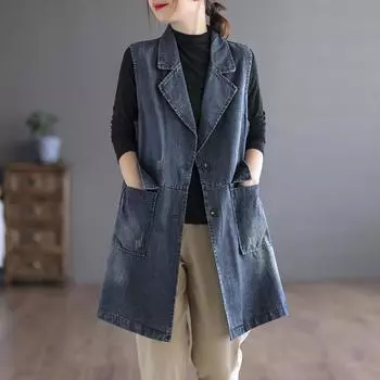 DIMANAF 2024, весеннее джинсовое пальто, куртки без рукавов, повседневные женские свободные синие лоскутные винтажные длинные пальто