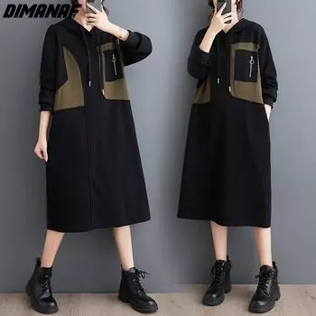 DIMANAF 2024, весеннее платье больших размеров, женское свободное повседневное платье с капюшоном, дизайн, женские платья с длинными рукавами, винтажное черное