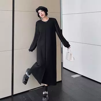 DIMANAF 2024, весеннее платье-футболка больших размеров, женское модное хлопковое платье с круглым вырезом, свободные длинные черные платья с длинным рукавом