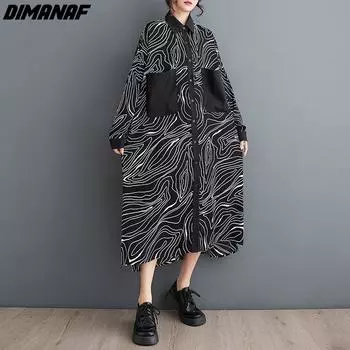 DIMANAF 2024, весеннее платье размера плюс, женское свободное платье, винтажное платье с принтом, окрашенное, повседневное, с длинным рукавом, черное