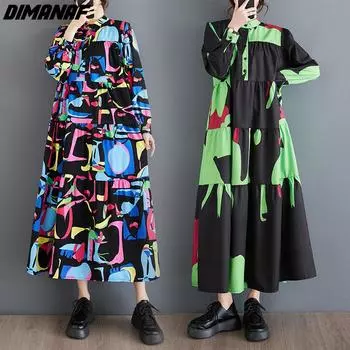 DIMANAF 2024, весеннее платье размера плюс, женское свободное платье, модное повседневное плиссированное платье с длинным рукавом с принтом