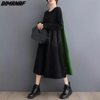 DIMANAF 2024, весеннее платье размера плюс, женское повседневное модное свободное платье с карманами и длинными рукавами