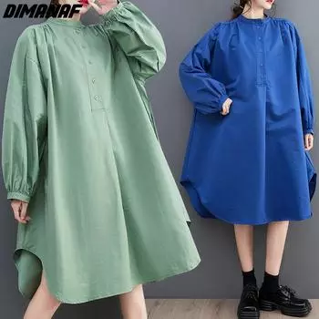 DIMANAF 2024, весеннее платье-рубашка больших размеров, новые женские повседневные хлопковые базовые однотонные модные женские длинные свободные платья