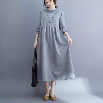 DIMANAF 2024, весеннее женское платье больших размеров, однотонное свободное винтажное повседневное платье с длинным рукавом и круглым вырезом, нерегулярное женское элегантное длинное платье