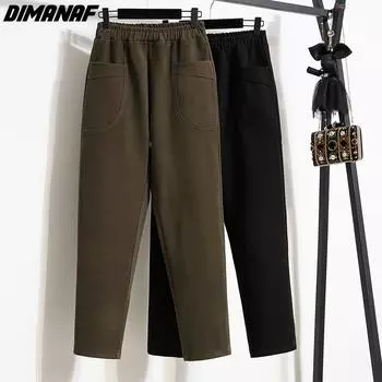DIMANAF 2024, весенние большие размеры, женские брюки-шаровары, винтажные брюки, свободные длинные брюки, повседневные однотонные толстые хлопковые шерстяные брюки
