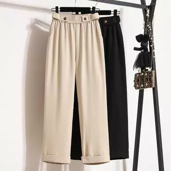 DIMANAF 2024, весенние длинные брюки больших размеров, женские эластичные повседневные свободные шаровары на пуговицах с высокой талией, однотонные свободные базовые брюки, широкие брюки 5XL L чёрный