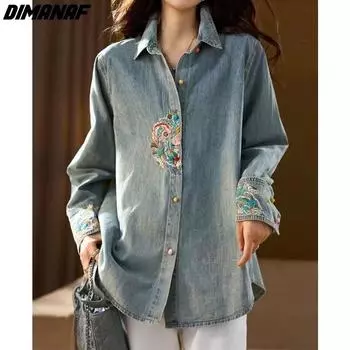 DIMANAF 2024, весенние джинсовые куртки, пальто, повседневная рубашка с длинными рукавами и вышивкой, женские свободные синие винтажные женские топы