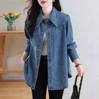 DIMANAF 2024, весенние джинсовые куртки, пальто, повседневная рубашка с длинными рукавами, женские однотонные свободные синие винтажные топы с дизайном на пуговицах