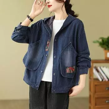 DIMANAF 2024, весенняя рубашка, джинсовое пальто, повседневное женское пальто с длинным рукавом и пуговицами, цветком, свободные синие винтажные топы с капюшоном