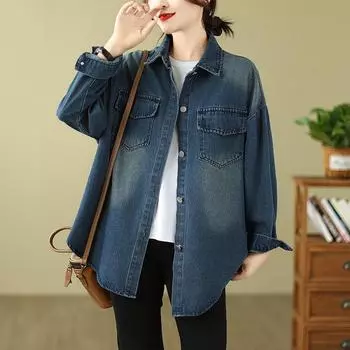 DIMANAF 2024, весенняя женская футболка, хлопковая куртка, модная синяя джинсовая свободная рубашка с длинными рукавами и карманами, винтажный повседневный дизайн, однотонное пальто большого размера