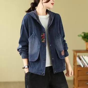 DIMANAF 2024, весенняя женская футболка, хлопковая куртка, модная синяя джинсовая рубашка со свободными карманами, винтажная дизайнерская повседневная однотонная куртка с капюшоном, пальто большого размера