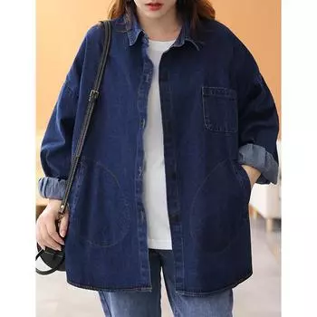 DIMANAF 2024, весенняя женская футболка, хлопковая куртка, модная синяя джинсовая свободная куртка с длинными рукавами, базовое винтажное повседневное пальто большого размера