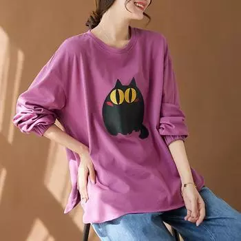 DIMANAF 2024, весна, большие размеры, женская свободная хлопковая рубашка с длинными рукавами, повседневные базовые топы с принтом, футболка, новый винтажный пуловер