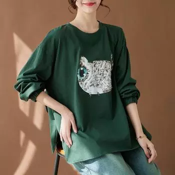 DIMANAF 2024, весна, большие размеры, женские свободные повседневные топы с длинными рукавами и круглым вырезом, базовые топы, футболка с винтажным принтом, новый пуловер