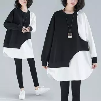 DIMANAF 2024, весна, большие размеры, женские свободные повседневные топы с длинными рукавами и круглым вырезом, базовые топы, футболка, винтажный черный, белый цвет, новый пуловер