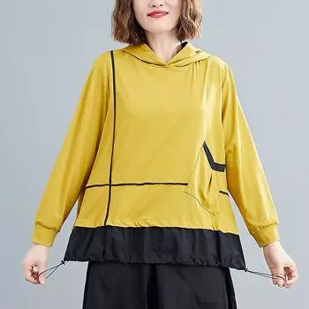 DIMANAF 2024, весна, большие размеры, женские свободные хлопковые повседневные топы с длинными рукавами, новые базовые топы с капюшоном, футболка, винтажный пуловер