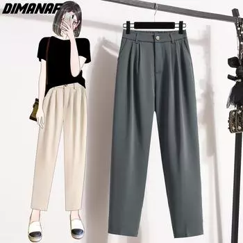 DIMANAF 2024 весна лето большие размеры женские длинные брюки черные повседневные свободные широкие брюки хлопковые однотонные большие размеры