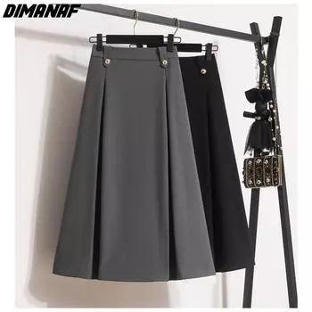 DIMANAF 2024 весна лето большие размеры женские юбки свободные эластичные талии оверсайз модные однотонные плиссированные длинные юбки трапециевидной формы XL серый