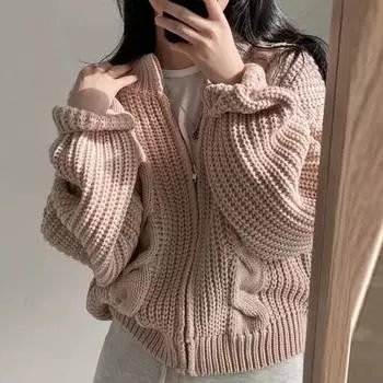 DIMANAF 2024 Winter Autumn Coat Women O-Neck Zipper Sweaters Knitting Basic Solid Casual Style Loose Sweater