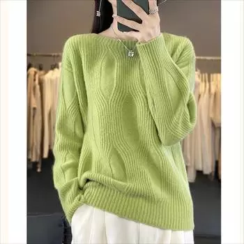 DIMANAF 2024 Зима Осень Женские Однотонные Свитера Вязание Модный Повседневный Стиль О-Образный Вырез Свободный Пуловер Свитер One Size жёлтый