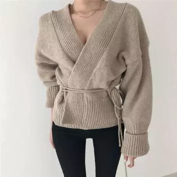 DIMANAF 2024 Winter Autumn Women Solid V-Neck Sweaters Knitting Basic Casual Style Loose Pullover Sweater
