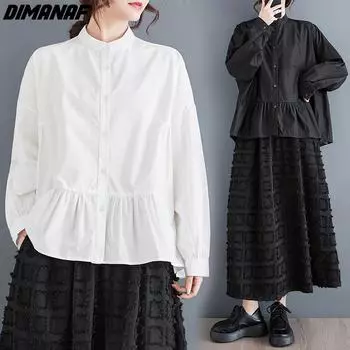 DIMANAF 2024, женская блузка больших размеров, весна-лето, рубашка большого размера, свободные пуговицы с длинными рукавами, однотонные повседневные топы черного цвета