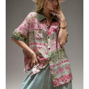 DIMANAF 2024 женская блузка больших размеров женская льняная льняная пуговица с цветочным узором прозрачные свободные тонкие топы с рукавами «летучая мышь» и футболки