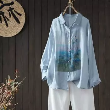 Dimanaf 2024 Женская блузка с принтом Белая рубашка Льняная рубашка с длинным рукавом Модные узоры Топы Футболки Рубашка Свободная повседневная