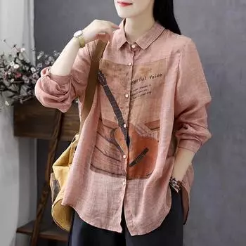 Dimanaf 2024 Женская блузка с принтом, рубашка из льна с длинным рукавом, осенняя мода, узор, топы, футболки, свободная повседневная белая