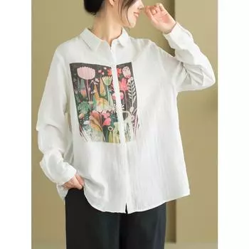 Dimanaf 2024 Женская блузка с принтом, рубашка из льна с длинным рукавом, осенняя футболка, модные узоры, топы, футболки, свободная белая рубашка