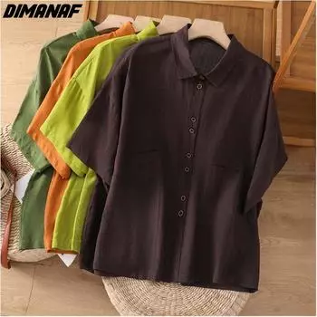 DIMANAF 2024, женская футболка больших размеров, летняя винтажная Повседневная футболка большого размера с круглым вырезом, тонкая свободная однотонная блузка с короткими рукавами, футболки