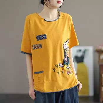 DIMANAF 2024 женская футболка больших размеров с вышивкой кролика, повседневные топы, свободные летние топы с круглым вырезом с короткими рукавами и футболки