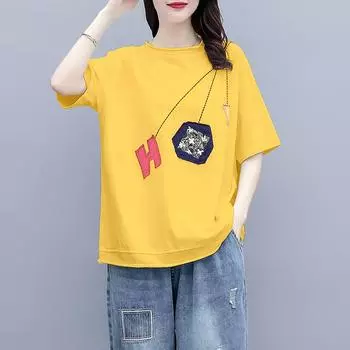 DIMANAF 2024 женская футболка больших размеров повседневные топы свободные хлопковые мягкие однотонные летние желтые футболки с цветочным принтом с короткими рукавами рубашка с круглым вырезом 4XL