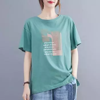 DIMANAF 2024 женская футболка больших размеров повседневные женские топы свободные хлопковые мягкие однотонные цветочные зеленые летние футболки с короткими рукавами рубашка с круглым вырезом 4XL