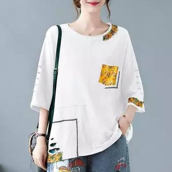 DIMANAF 2024 женская футболка больших размеров свободные хлопковые мягкие однотонные летние футболки с короткими рукавами и круглым вырезом 4XL 5055