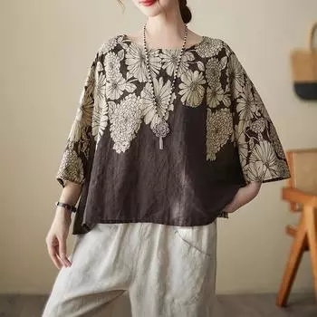 DIMANAF 2024 женская футболка больших размеров женские элегантные цветочные принты с круглым вырезом хлопковые свободные топы с короткими рукавами и футболки One Size чёрный