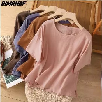 DIMANAF 2024, женская футболка больших размеров, летняя винтажная Повседневная футболка больших размеров с круглым вырезом, тонкие свободные однотонные футболки с короткими рукавами