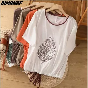 DIMANAF 2024 женская футболка больших размеров винтажная вышивка с цветочным принтом тонкие свободные хлопковые топы с короткими рукавами футболки
