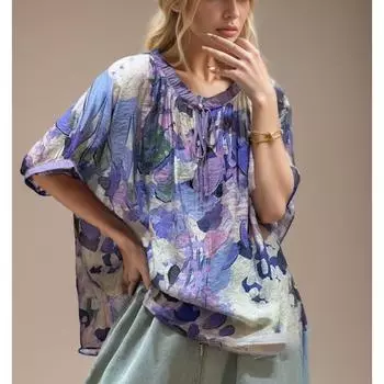 DIMANAF 2024 Женская футболка больших размеров женская льняная блузка на пуговицах с тонким цветком прозрачная свободная фиолетовая футболка с коротким рукавом и круглым вырезом «летучая мышь» 2XL
