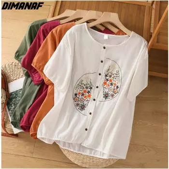 DIMANAF 2024 женская футболка больших размеров на пуговицах больших размеров винтажная вышивка с цветочным принтом тонкие свободные хлопковые топы с короткими рукавами футболки