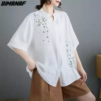 DIMANAF 2024 женская футболка больших размеров на пуговицах винтажная вышивка с цветочным принтом тонкие свободные хлопковые топы с короткими рукавами футболки женские рубашки