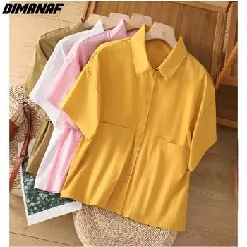 DIMANAF 2024, женская футболка больших размеров, свободная повседневная тонкая хлопковая однотонная рубашка с короткими рукавами и короткими рукавами, женские топы, футболки, рубашка на пуговицах