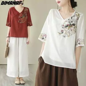 DIMANAF 2024, женская футболка больших размеров, однотонная модная свободная женская футболка с v-образным вырезом и коротким рукавом, футболки, хлопковые винтажные футболки с цветочной вышивкой L белый