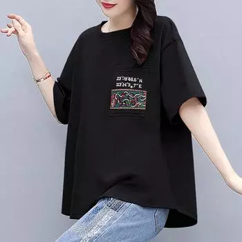 DIMANAF 2024 женская футболка больших размеров повседневные женские топы свободные хлопковые летние футболки с цветочной вышивкой и короткими рукавами рубашка с круглым вырезом 4XL