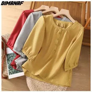 DIMANAF 2024, женская футболка больших размеров, винтажная свободная тонкая хлопковая однотонная футболка с короткими рукавами, женские топы, футболки на пуговицах