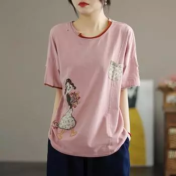 DIMANAF 2024 женская футболка больших размеров с вышивкой кролика, повседневные топы, свободные розовые летние топы с круглым вырезом и короткими рукавами