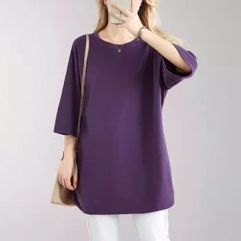 Dimanaf 2024 женская футболка больших размеров с круглым вырезом, повседневная однотонная свободная футболка с коротким рукавом, большие размеры, летние новые базовые винтажные топы