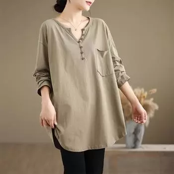 DIMANAF 2024 Женская футболка больших размеров с V-образным вырезом и длинным рукавом, свободная новая повседневная футболка с топами One Size чёрный