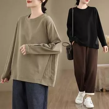 DIMANAF 2024 Женская футболка больших размеров из сплошного хлопка с длинным рукавом Осенние повседневные топы Футболки Футболка Футболка Свободная Новинка One Size чёрный